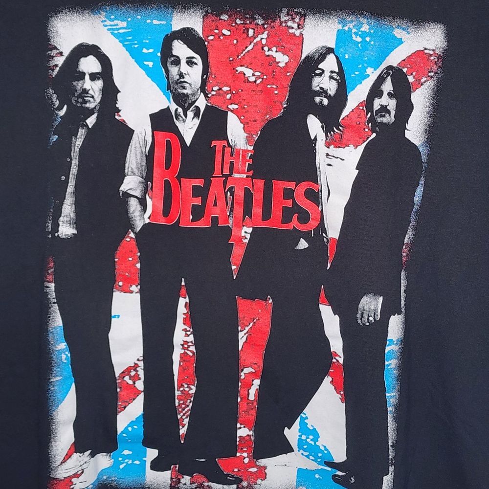 The Beatles Flag Rock Band Graphic Black Crewneck T-Shirt Men's Size XXL Retro
